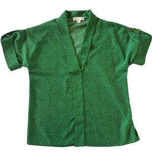 Michael Kors Green Print Blouse Gold Button Sleeve Medium